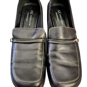 AK Anne Klein Fkexology Leather Loafers Black With White Stitching 7.5 Medium